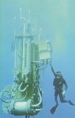 An OTEC staffer checks a research buoy.